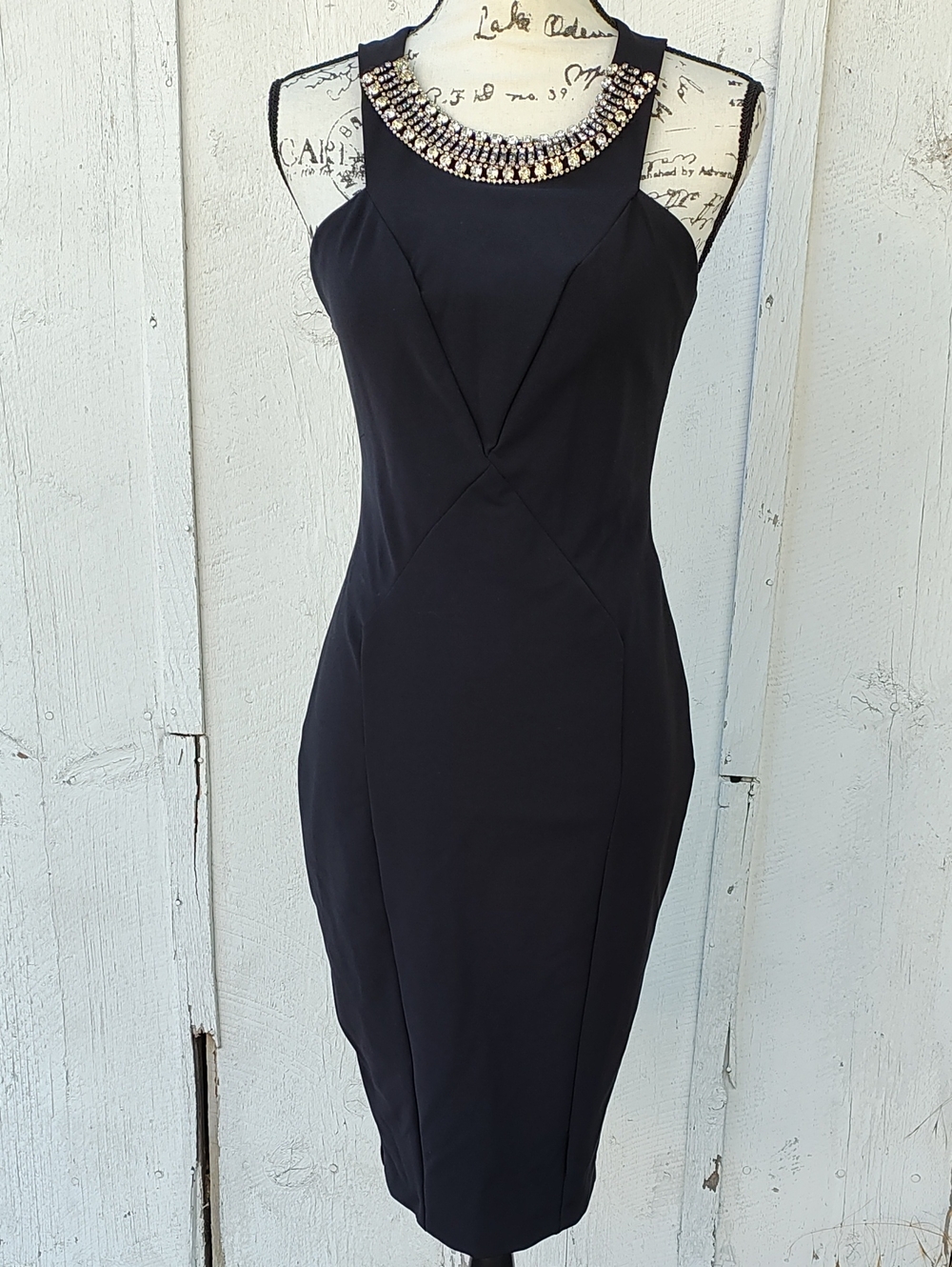 Zara Fanatasy Neckline Black Midi Dress Rhinestone Jewel NWT Bodycon